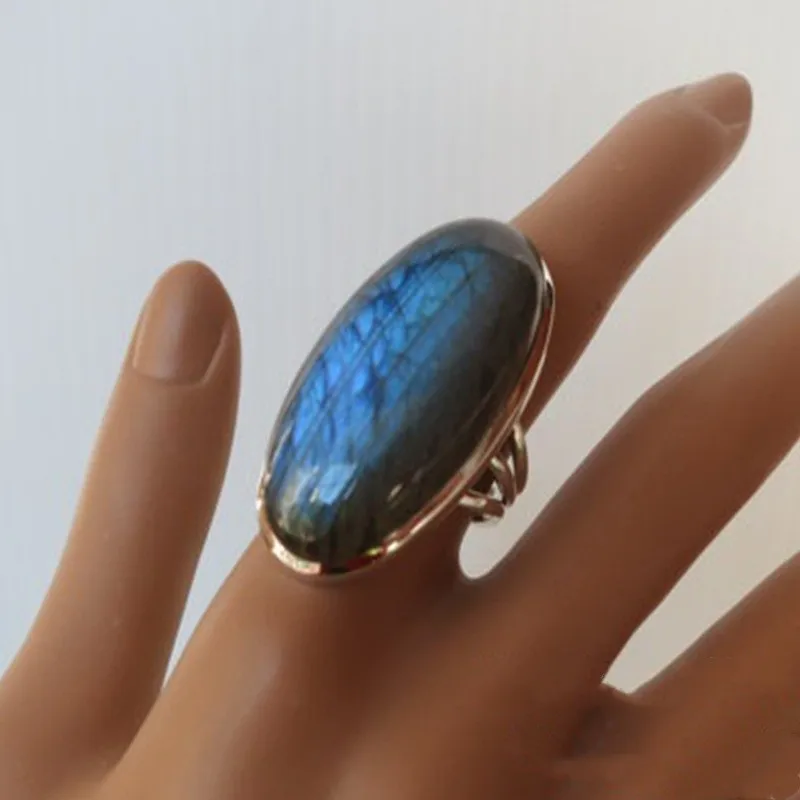 Trendy Silver Color Large Blue Oval Shaped Turquoise Stone Crystal Finger Ring for Women Party Jewelry Size 6-10