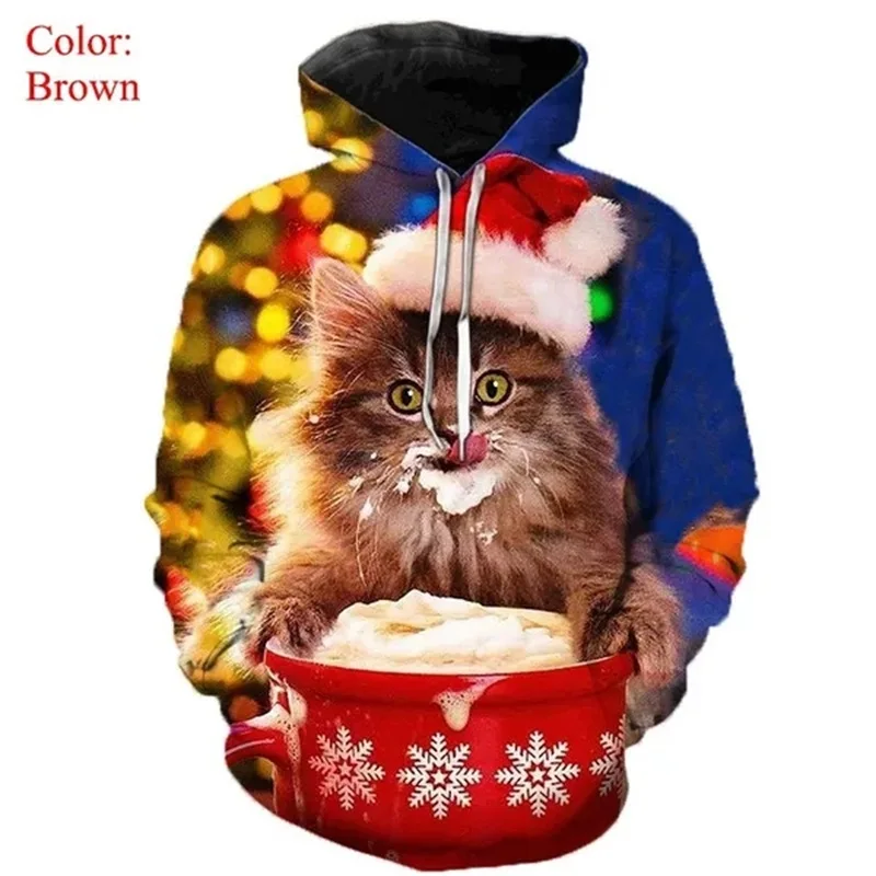 Christmas Hoodies Men 3D Printing Casual Oversized Pullover Sweatshirt Cute Animal Cat Graphic Hoodie Funny Christmas Clothes