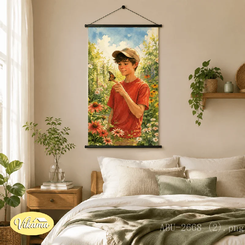 VIKAMA Watercolor Hanging Scroll Boy Watching Butterfly Flower Garden Canvas Poster Wall Hanging Bright Cottagecore Decor