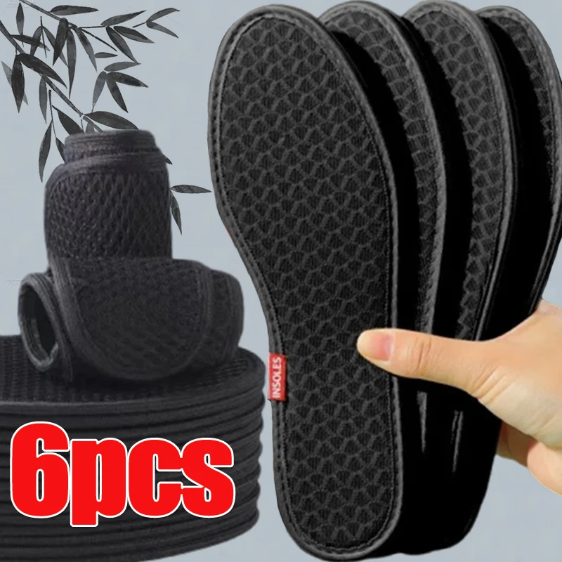 6pcs Bamboo Charcoal Antibacterial Shoes Insoles Plant Deodorant Running Sports Insole for Feet Thick Shock Absorbing Shoe Sole