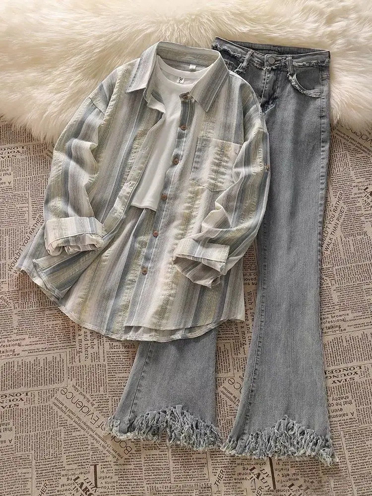 Korean Style Fashionable Suit Lazy Loose Striped Long Sleeved Shirt Jacket Women's Design Sense Fringed Jeans Three Piece Set