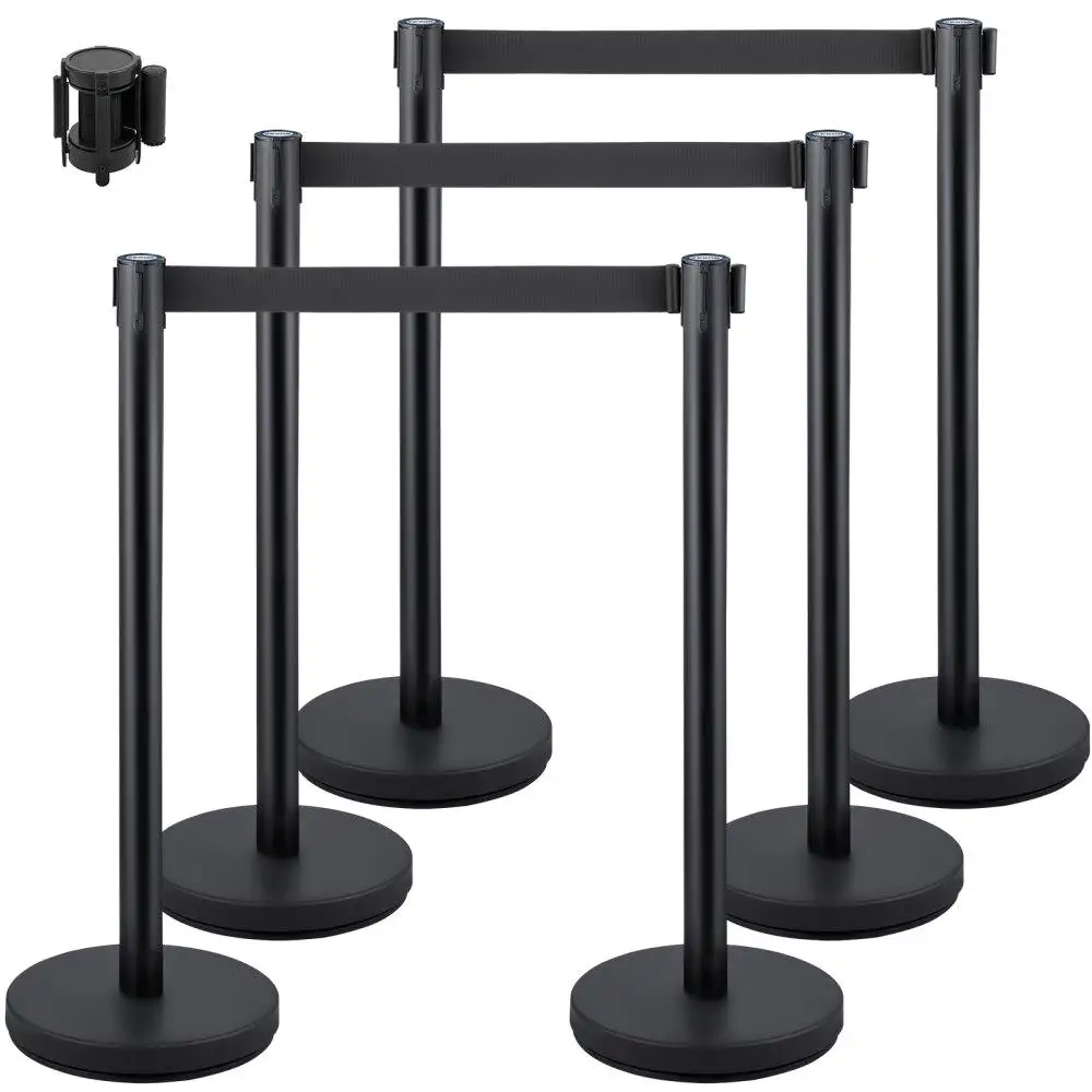 

6Pack Crowd Control Stanchions with Black Retractable Belts Queue Barriers Line Divider Post Set