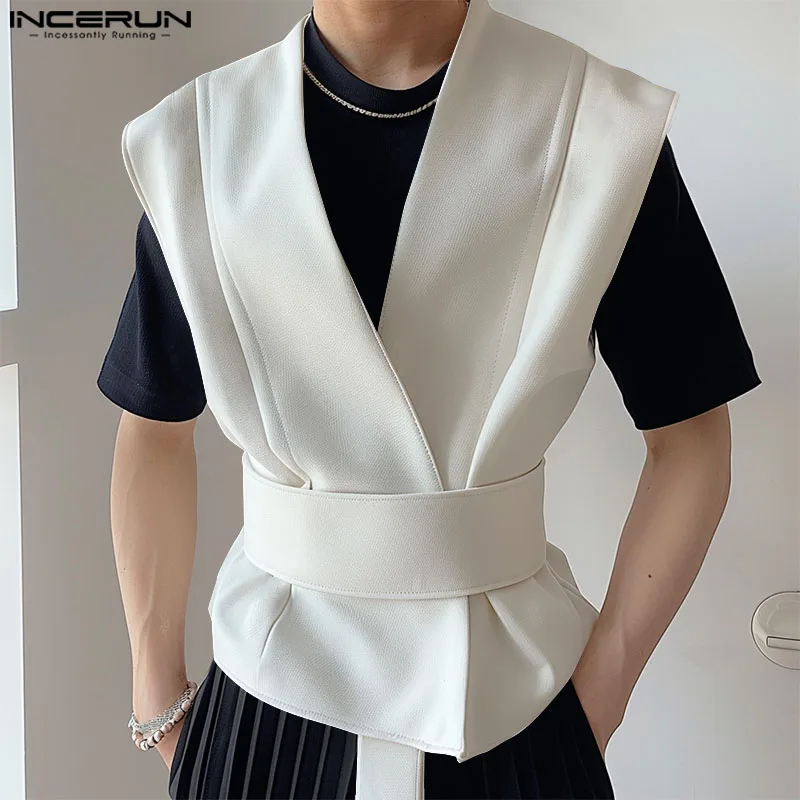 

INCERUN Men's Vests Solid Color V Neck Sleeveless Casual Male Waistcoats With Belt Streetwear 2024 Fashion Leisure Vests S-5XL