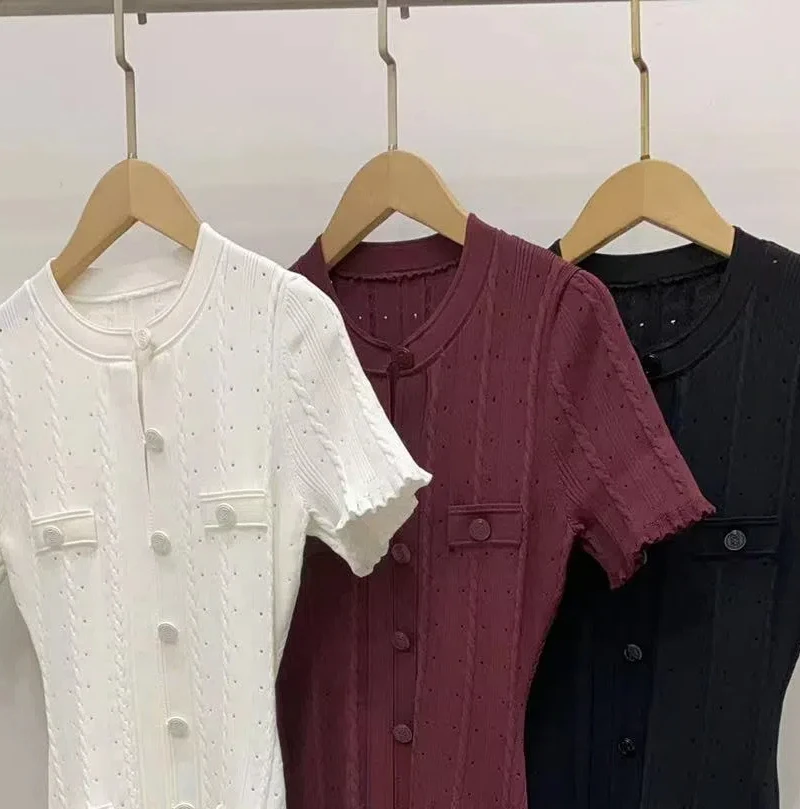 Three Color Knitted Dress, Short Sleeved, Fungus Side Length,French Elegant S2024 Early Autumn New Women's Clothing,French Style