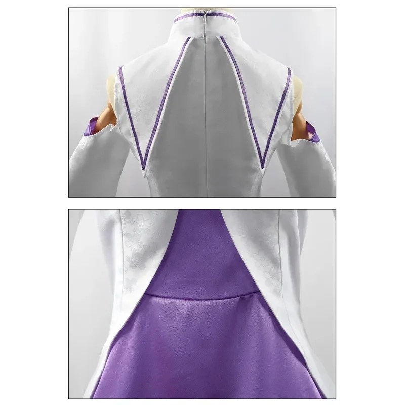 CyRe Zero Kara Hajimeru Isekai Seikatsu 에밀리아 코스프레 의상 할로윈 파티를위한 머리 장식이있는 여성 드레스