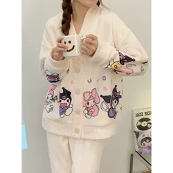 Sanrio Kulomie's new women's pajamas, winter coral fleece thickened flannel Hello Kitty casual cartoon loungewear two-piece set