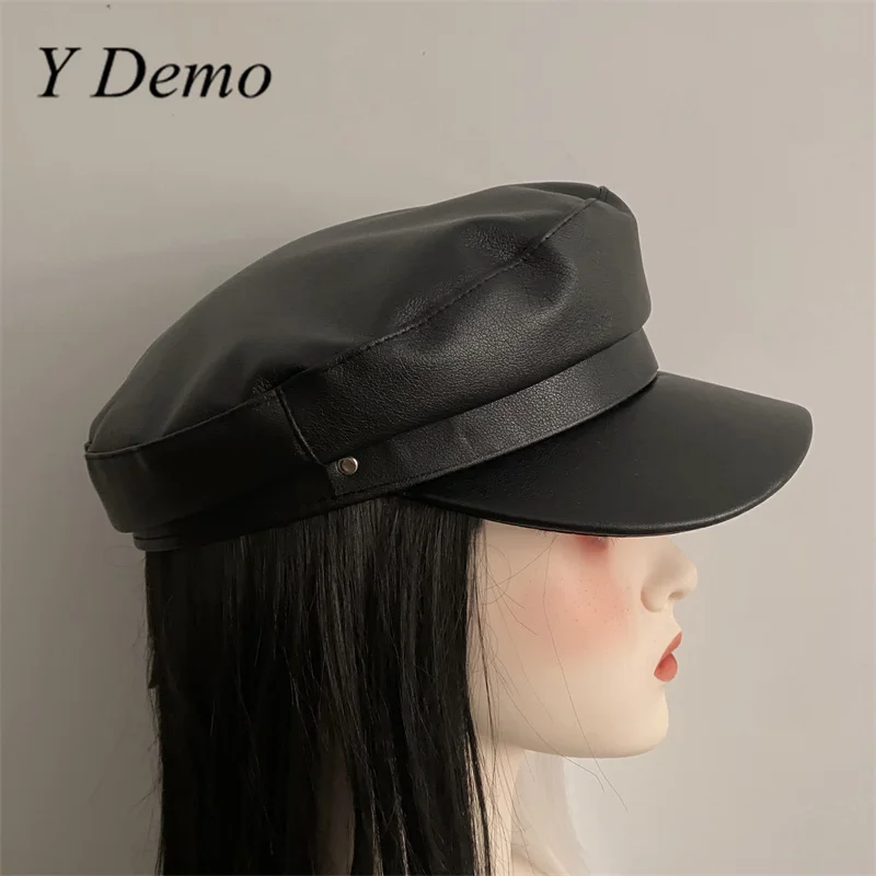 Y Demo Casual Punk Strap Buckle Newsboy Cap Fashipn Women Faux Leather Octagonal Hat