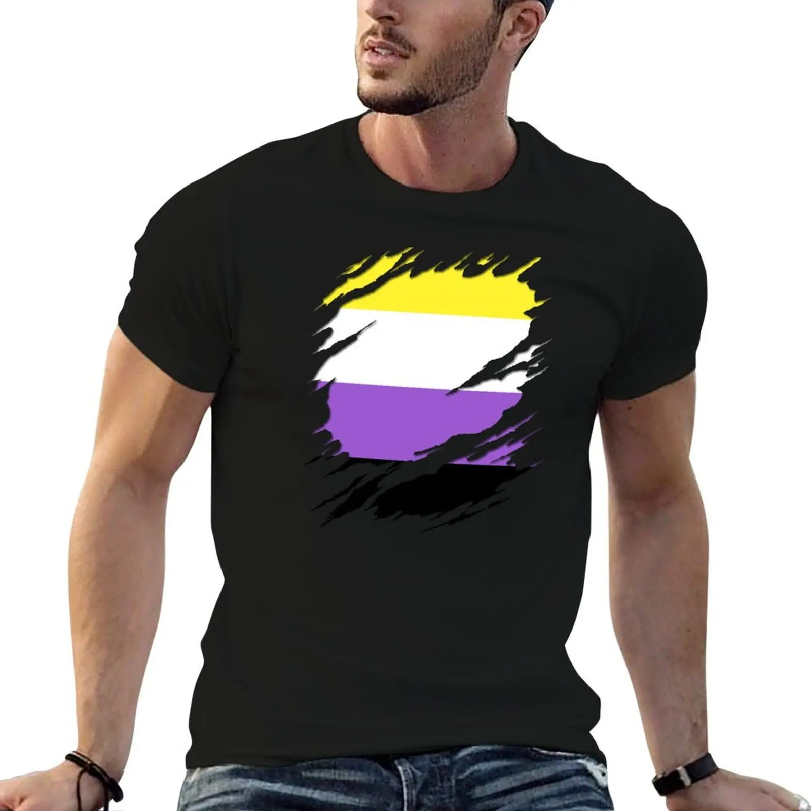 Nonbinary Pride Flag Ripped Reveal T-Shirt quick-drying topping funny t shirts men