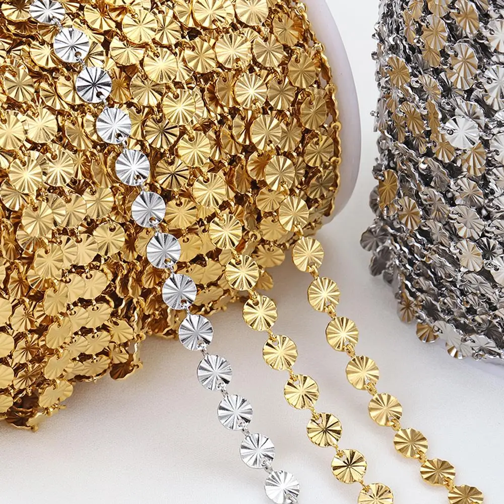 1M Stainless Steel Embossed Sheet Linking Chains Round Golden 5mm Disc Chains for Jewelry Making DIY Necklace Bracelet Findings