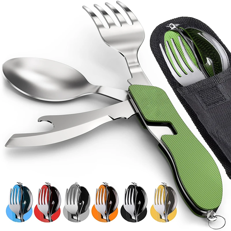 

4-in-1 Camping Utensils 2 Pack Portable Stainless Steel Spoon Knife Bottle Opener Combo Set Travel Backpacking Cutlery Multitool