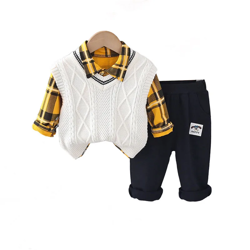 

Children's Clothing 2024 Fall Baby Boy Clothes Solid Color Knitted Sweater Vest + Shirts + Pants Suit for Kids Boys Outfit Set