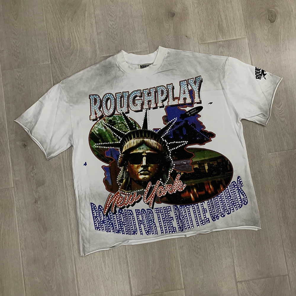 

Streetwear Rhinestone Shinning Washed Vintage Short Sleeve Tshirts for Men Diamond Cotton Loose Crew Neck Top Tees Oversized