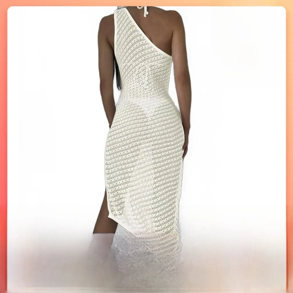 

Women's Mesh Hollow Sweater Sexy European American Fashion Summer Swimming Surfing Outer Long Skirt Slant Collar