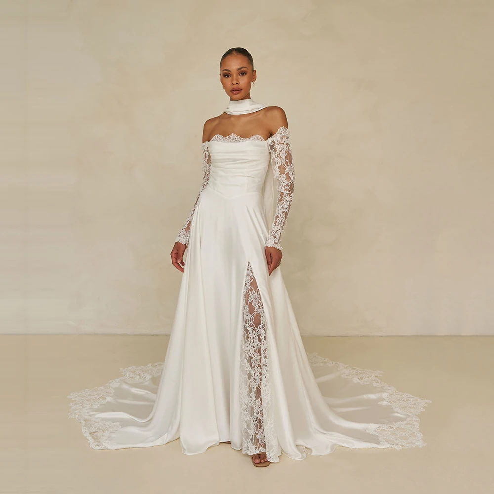 

Customized Boat Neck White Satin Evening Dress ILLUSION Lace Full Sleeves Pleat Party Dress A-line Floor Length Prom Gown