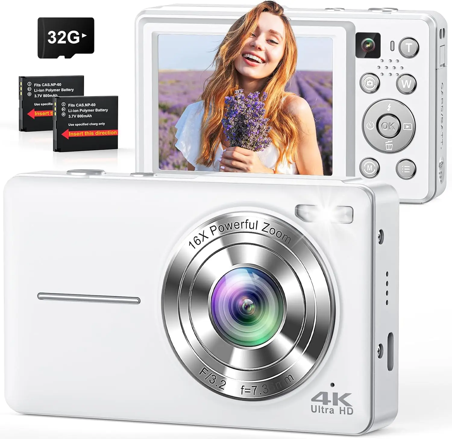 

4K Vlogging Camera with 64MP Photos, Dual Front/Rear Cameras, 16X Zoom, 32GB Card & 2 Batteries for Beginners