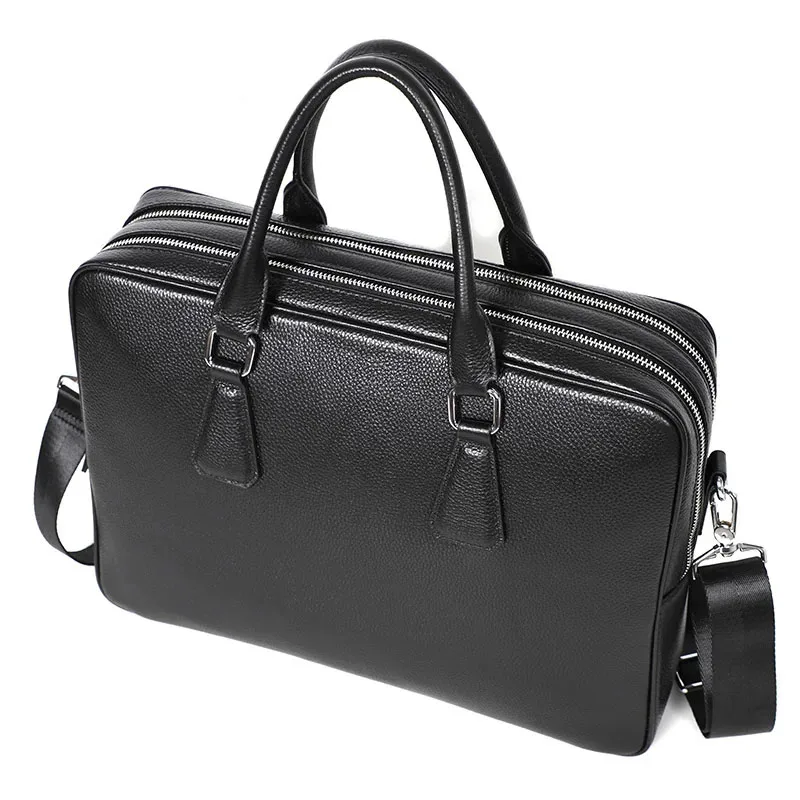 Double Zipper Briefcase Men Bag Genuine Leather Shoulder Bag 14 inch Laptop Bags Large Capacity Handbag Business Men's Briefcase