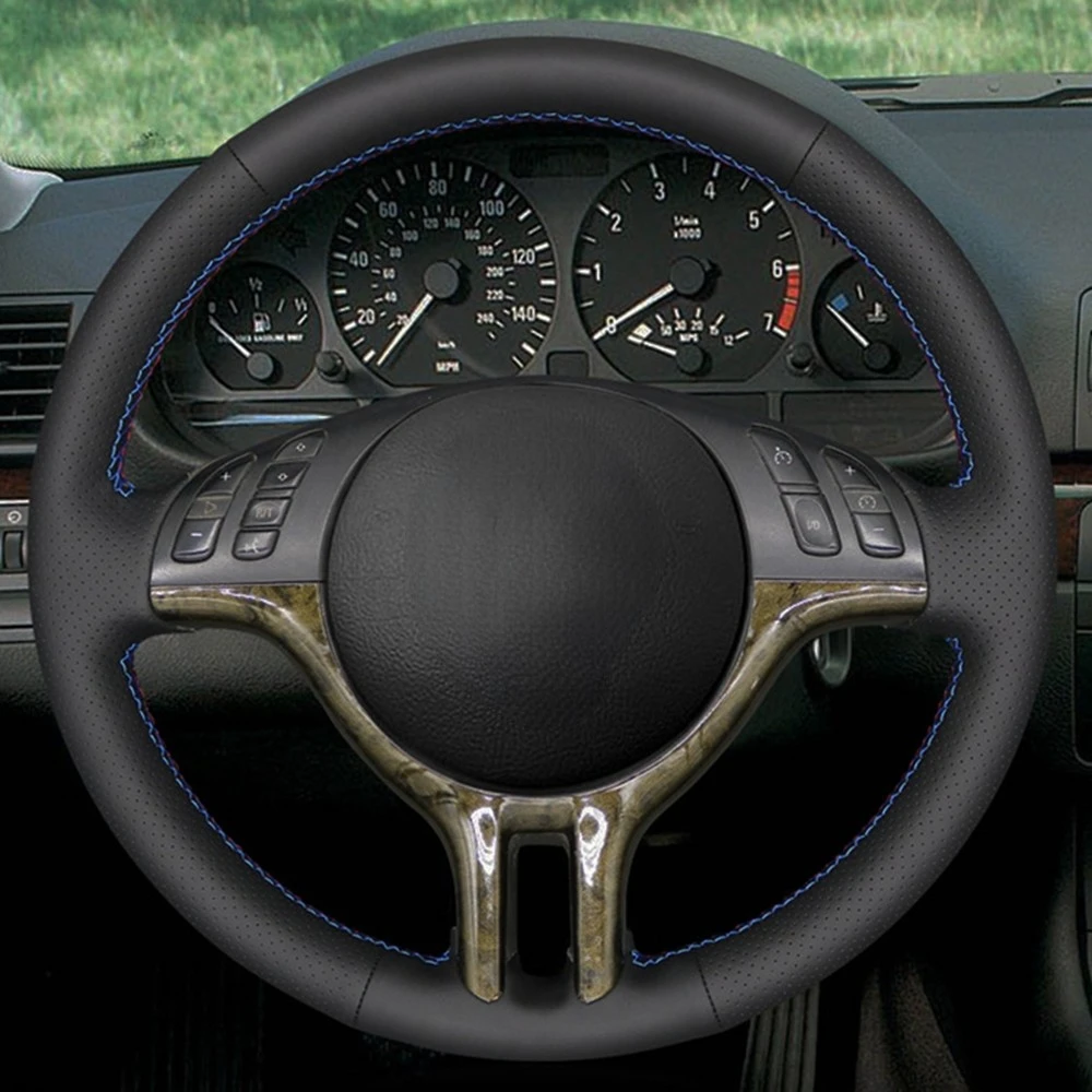 Black Car Steering Wheel Cover Hand-stitched Genuine Leather For BMW E39 E46 325i E53 X5