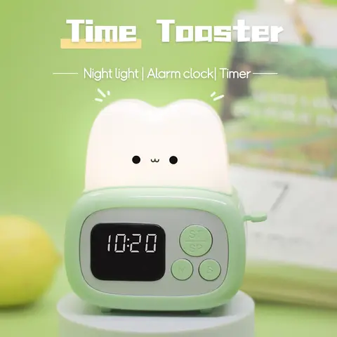 1pc 새로운 LED 토스터 알람 시계, 타이밍 기능이있는 창조적 인 만화 야간 조명, 바람 침대 옆 장식