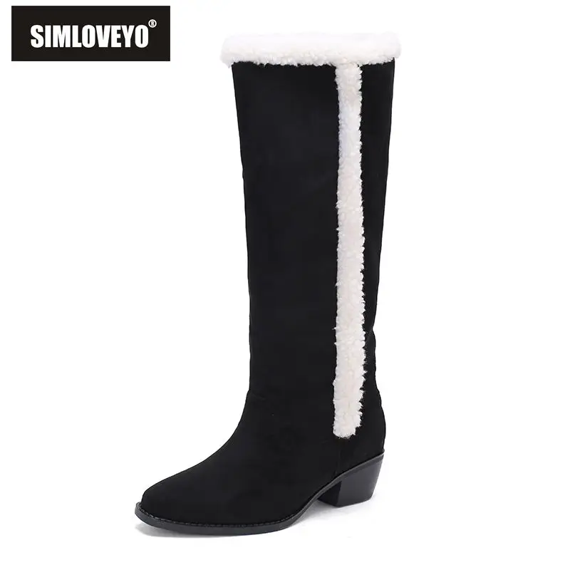 

SIMLOVEYO новые замшевые женские сапоги до колена из флока с круглым носком 4,5 см, плюшевые теплые зимние сапоги на блочном каблуке, большие размеры 41, распродажа