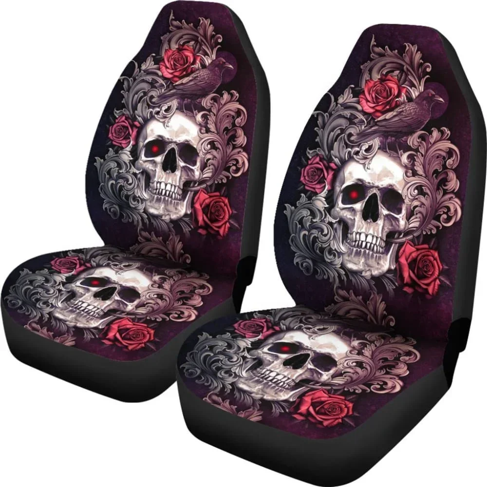 2 Pcs Gothic Skull Floral Rose Car Seat Covers,Pack of 2 Universal Front Seat Protective Cover Car interior seat cover