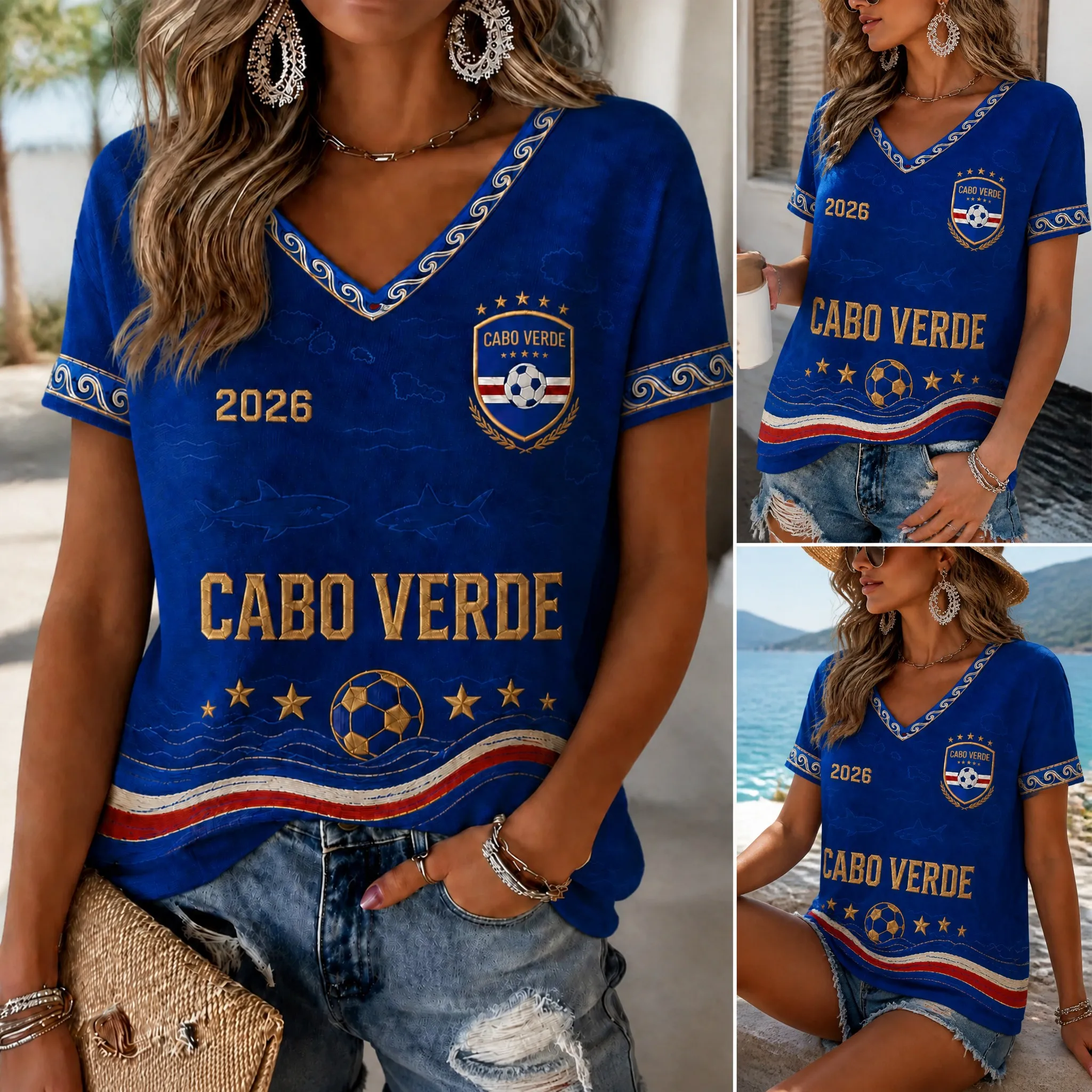 Cabo Verde Womens V Neck Football Tee 2026 Shark Wave Graphic Short Sleeve Casual Summer Shirt Island Pride Style Top For Travel