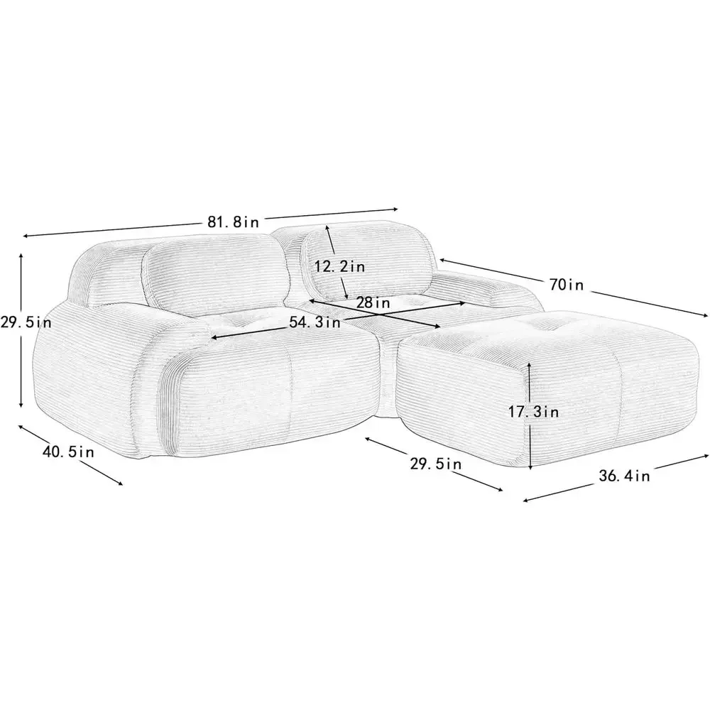 Green Corduroy 81 Deep Seat Sectional Sofa with Ottoman and Lumbar Support for Living Room and Home Theater | Perfect for Movie