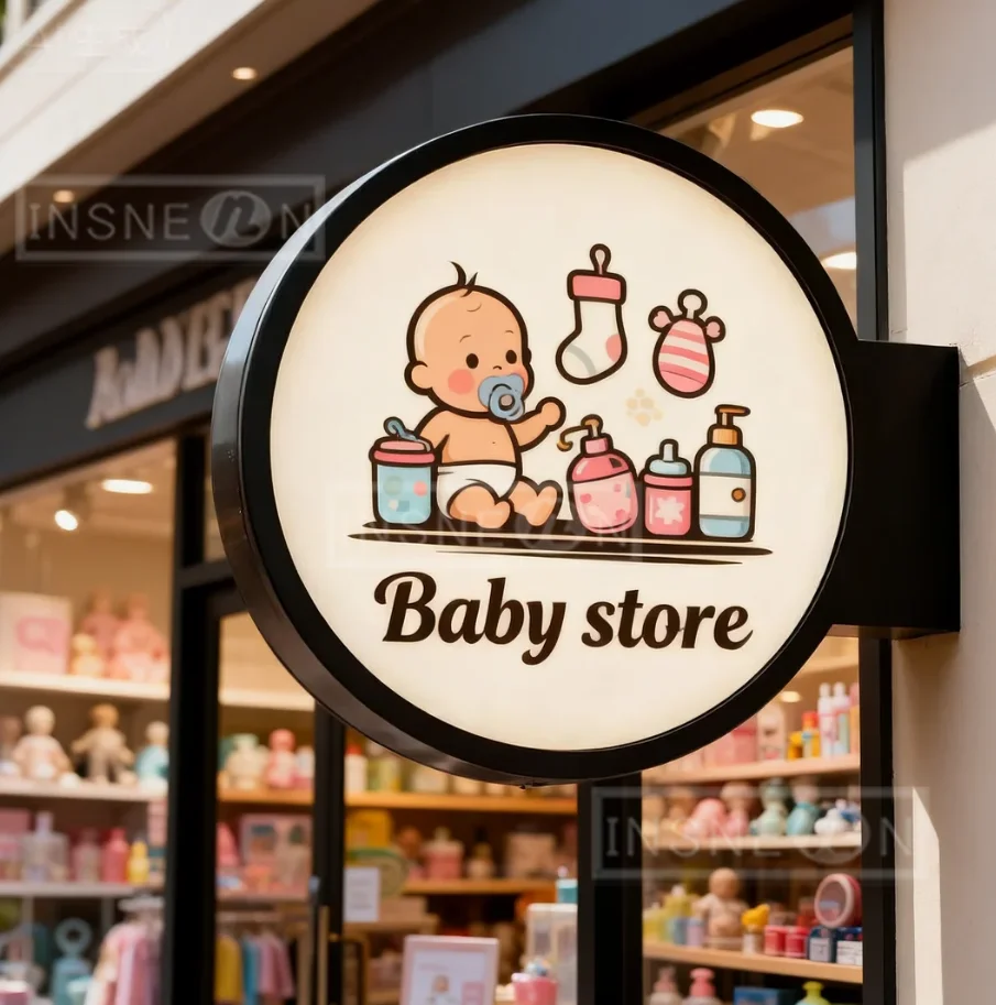 

Custom Light Box Sign Illuminated Round Double Sided Logo Waterproof Advertising Baby Store Signage Outdoor Business Wall Deco