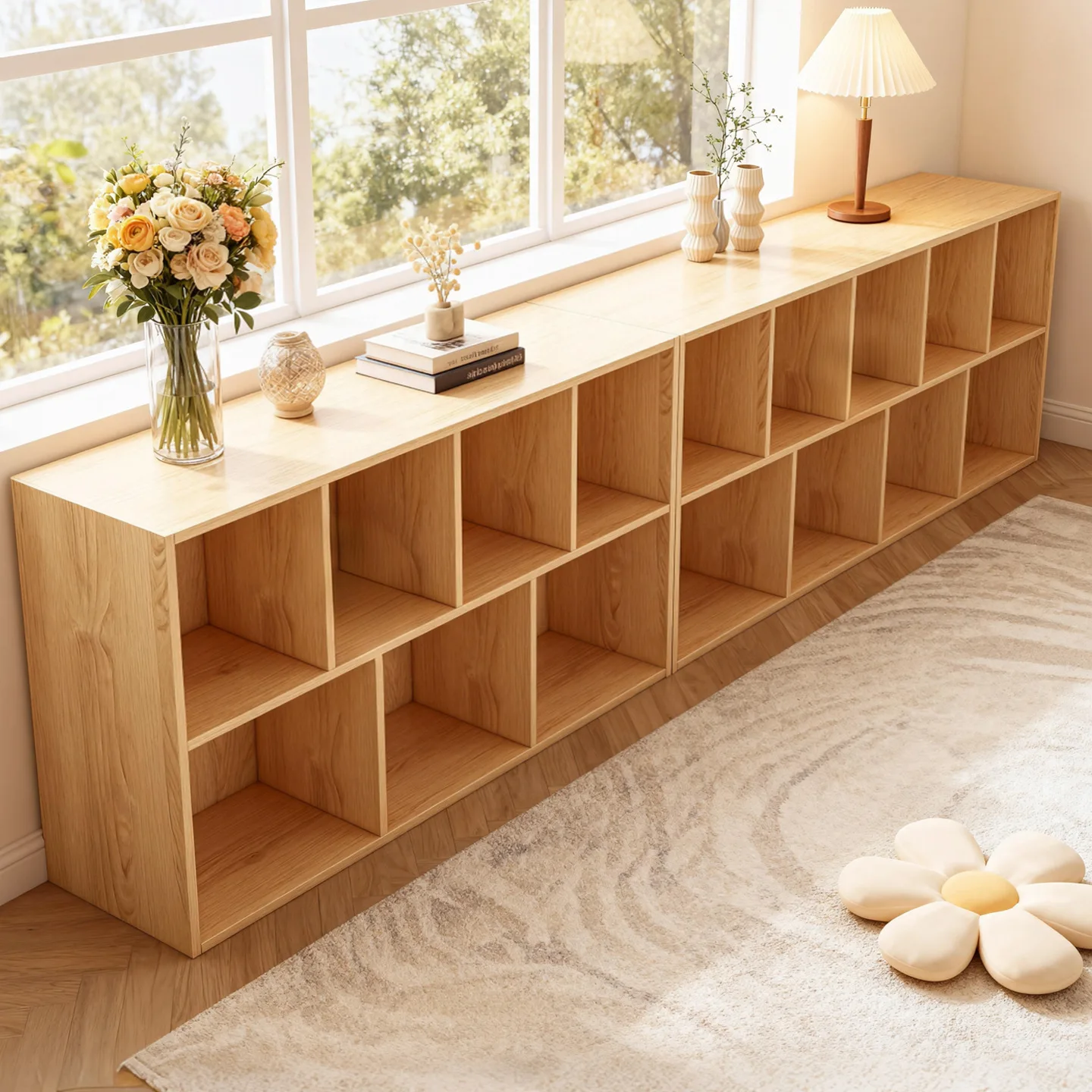 integrated storage, mobile living room display against the wall, combined lattice cabinet, picture book rack