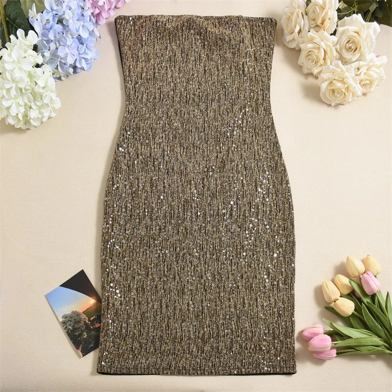 グリッタースパンコール女性ウエディングドレスセクシーなストラップレスノースリーブショートミニスカートシースパーティードレス秋フォーマルゲスト誕生日ローブ