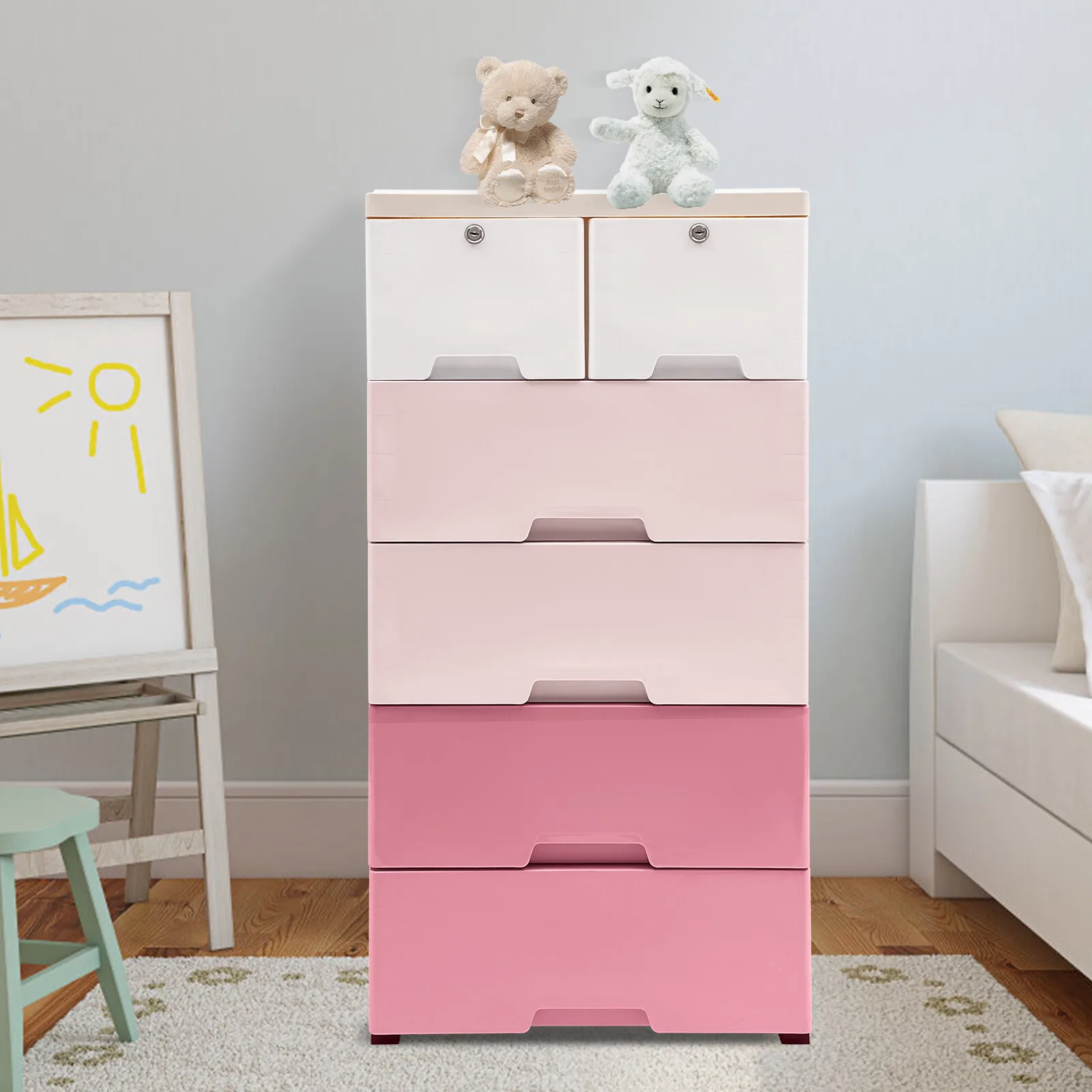 

6-Drawer Pink Storage Cabinet, Gradient Color Dresser with Lockable Drawers & Wheels, 66LB Capacity Organizer for Kids Room