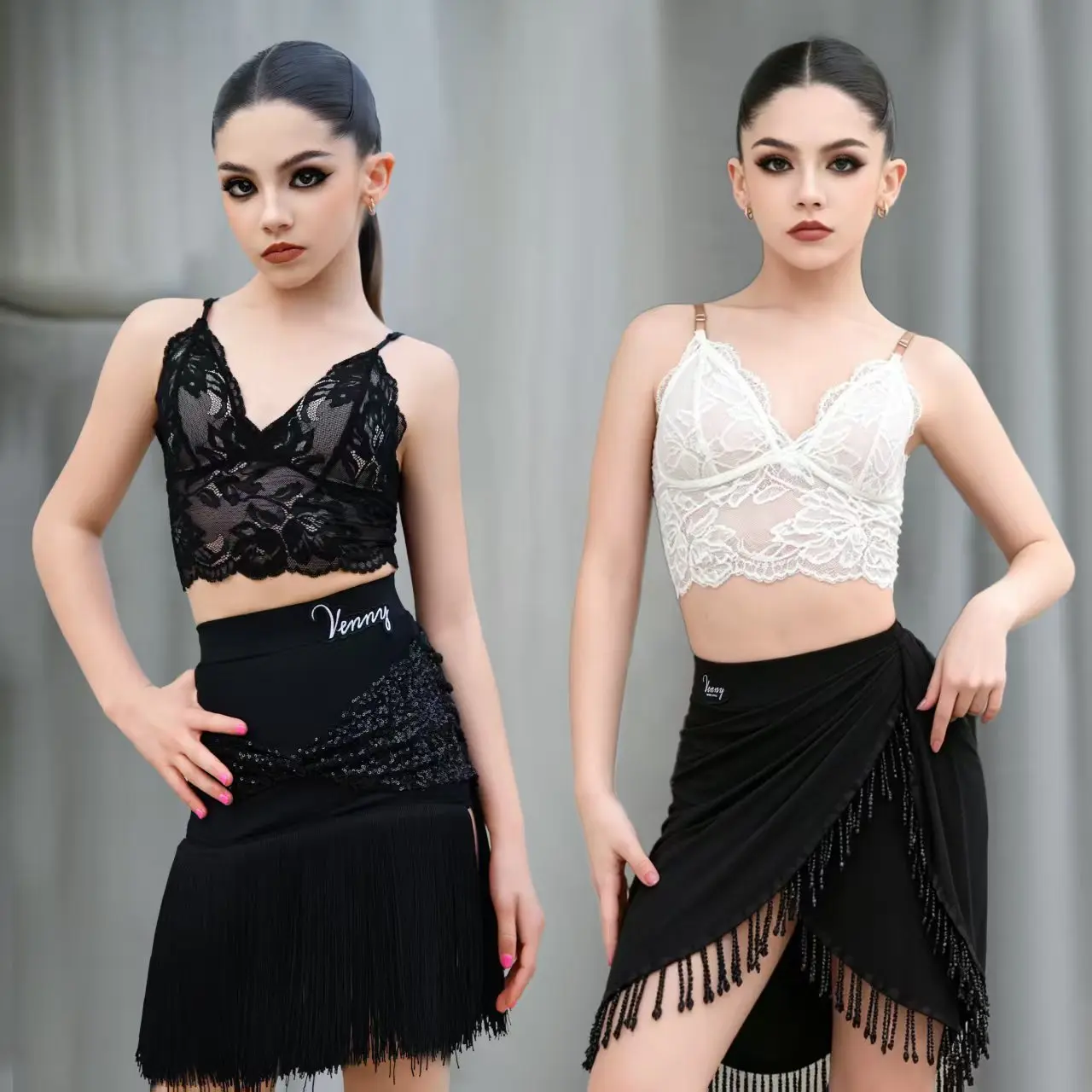 

Vennystyle Latin Dance Costume - Lace Spaghetti Strap Top & Fringe Skirt Set, Girls' & Kids' Dance Training Practice Wear