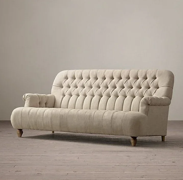 European-style linen fabric art small apartment sofa, American country vintage pull-up single/double three-seater sofa
