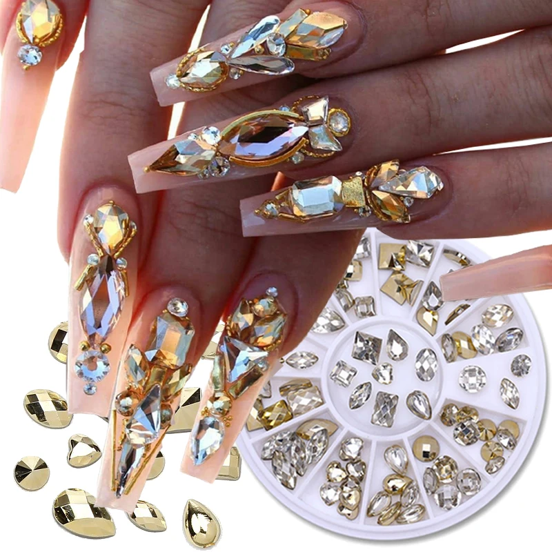 1 Box Gold 3D Nail Art Rhinestones Mixed Shape Glass Crystal AB Flatback Diamond Nail Tips Decorations Manicure Gems Accessories