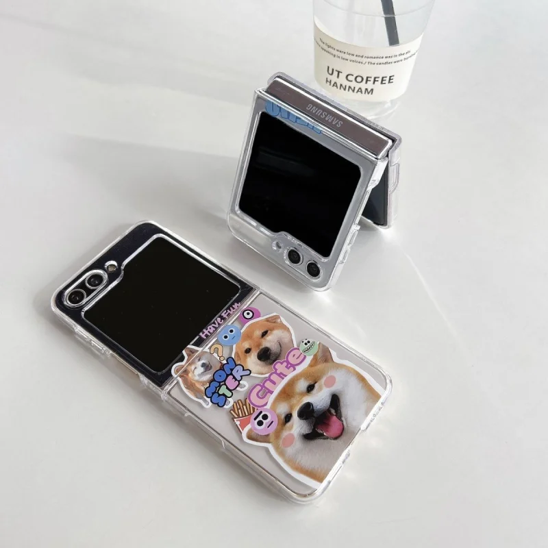 Cute Dog Cat Phone Case For Samsung Galaxy Z Flip 6 7 ZFlip5 5G Transaprent Clear Cover For Samsung ZFlip4 ZFlip 3 Animal Fundas