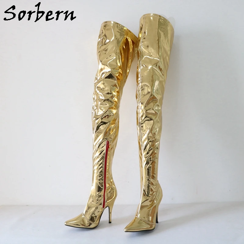 Sorbern Custom Metallic Gold Boots Women 12Cm Stilettos 73-82Cm Crotch Thigh High Pointy Toe Fetish Slim Or Wide Legs Drag Queen