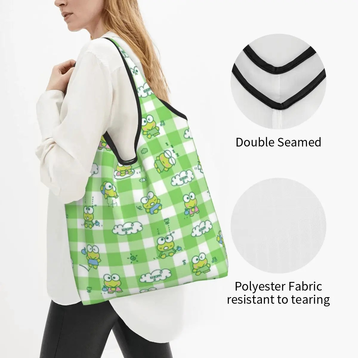 Custom Keroppi Cartoon Pattern Shopping Bag Women Portable Big Capacity Groceries Tote Shopper Bags