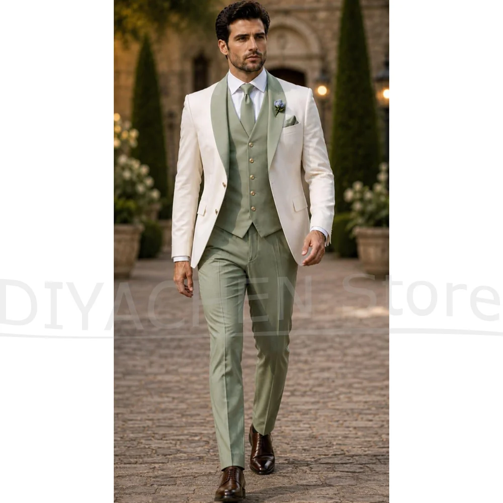 Fashion Men 3 Piece Suit Shawl Lapel Blazer Vest Pants Luxury Stylish Slim Fit Wedding Groom Prom Party Elegant Tuxedo 2026