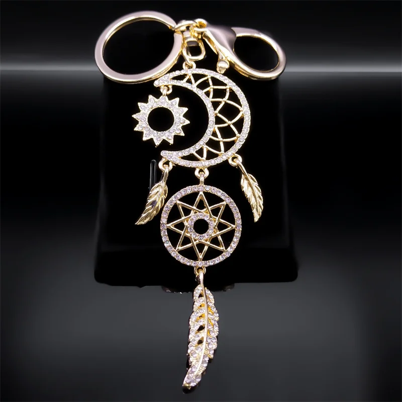 Moon Sun Pink Dream Feather Catcher Key Chain for Women Rhinestone Metal Gold Color Dreamcatcher Keychain Gift Jewelry K9215S01