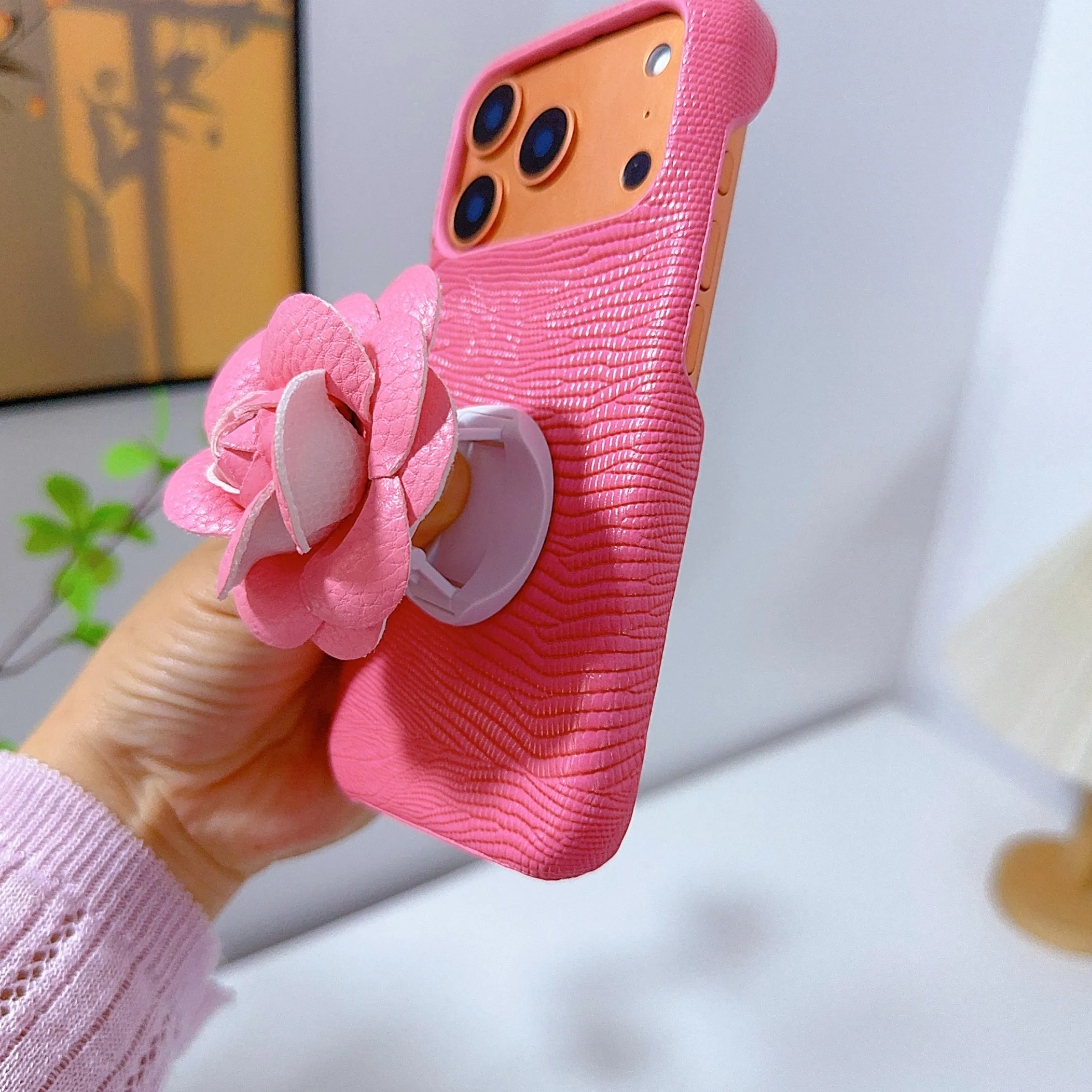 Leather flower bracket Lizard PU leather Case for iPhone 17 16 15 14 Phone Cover 17 13 12 11 Pro MAX Hard Shockproof Back Funda