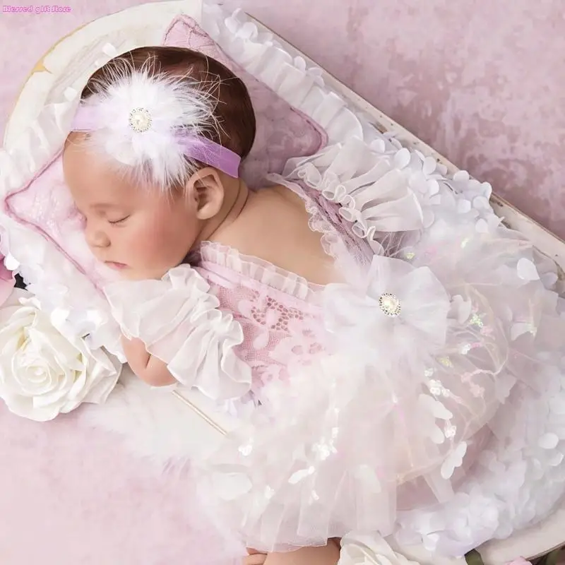 D0JC Newborn Girl Photo Studio Prop Soft Tulle Dress Elastic Flower Band Photography Set