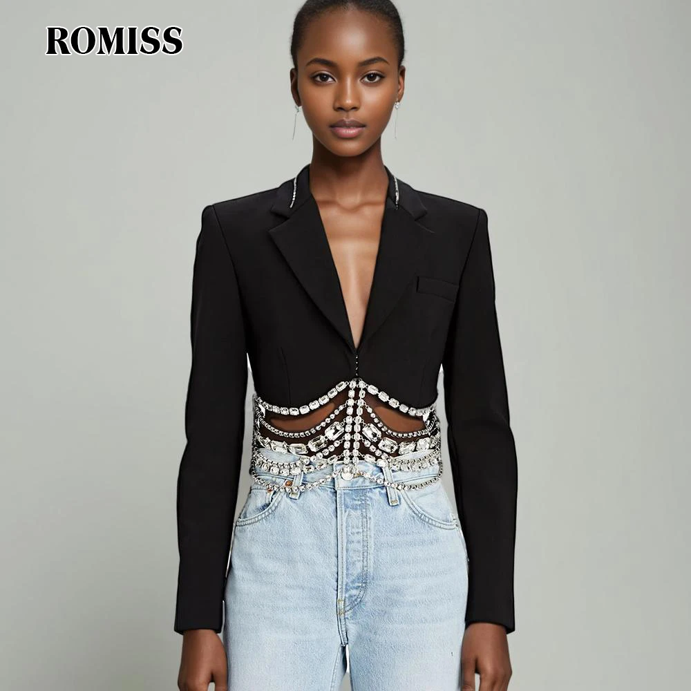 

ROMISS Solid Casual Patchwork Diamonds Chain Slim Blazer For Women Notched Collar Long Sleeve Temperament Blazers Female