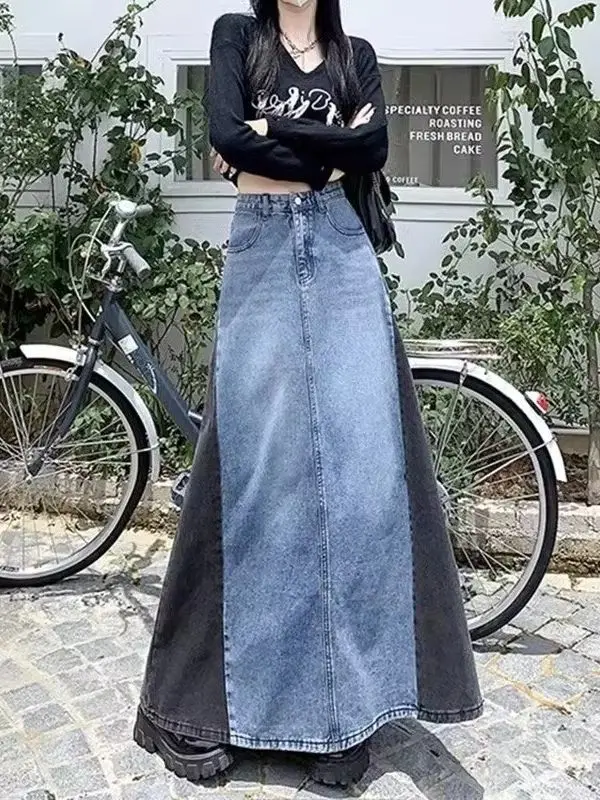 Vintage Color-Blocked Patchwork Denim Maxi Skirt for Women 2026 Autumn New Arrival Streetwear High-Waisted A-Line Skirts