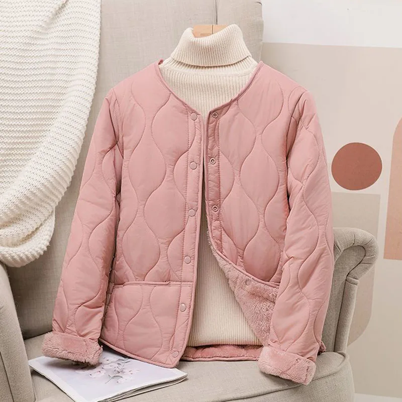 Herbst Winter Liner Fleece Warme Jacke Frauen V-ausschnitt Tasten Lange Ärmel Baumwolle Mantel Frau Solide Ultraleicht Stepp Kurze Parkas