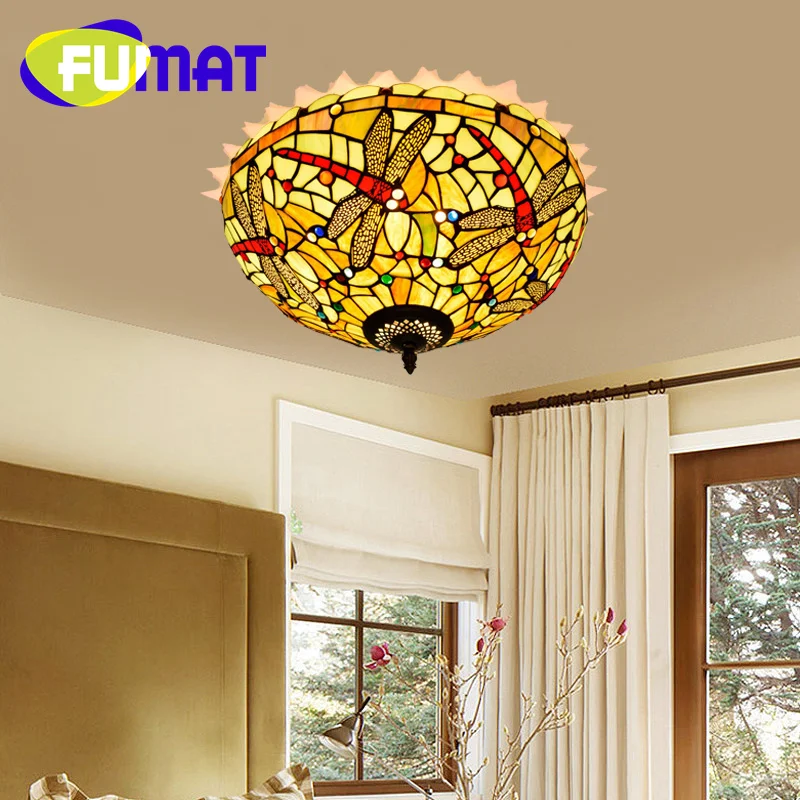 FUMAT Tiffany Dragonfly stained glass 16inch ceiling light deco the dining room bedroom hallway bathroom green overhead light