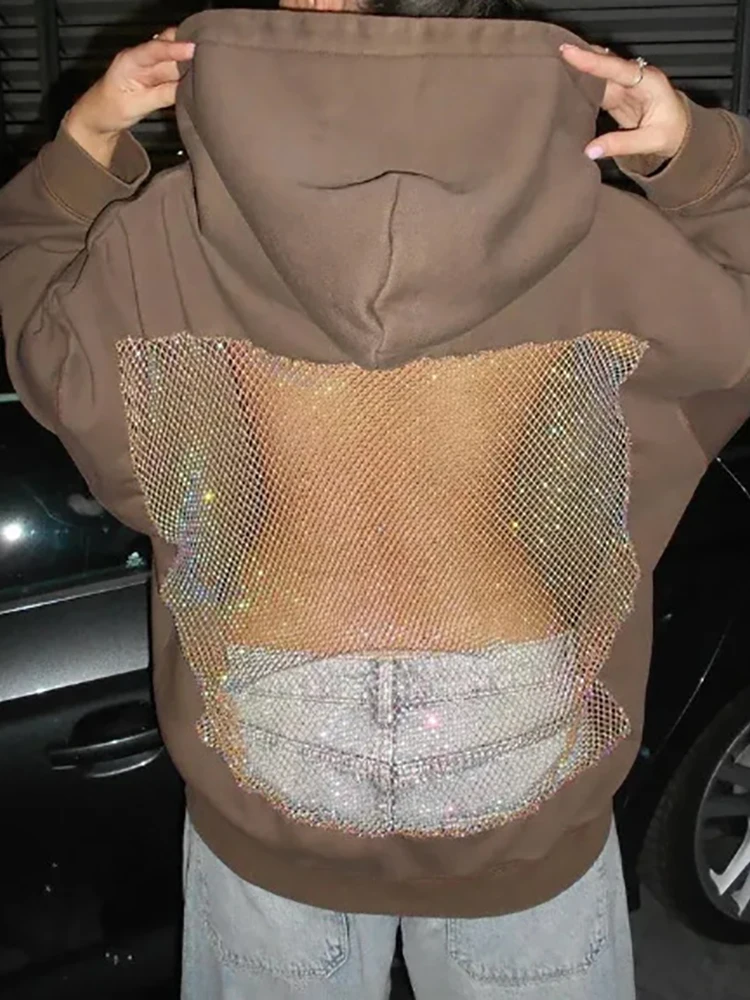 هوديس أنيق أنيق مفرغ، بلوزات بسيطة بأكمام طويلة للربيع والخريف للسيدات، بلوفرات فضفاضة مرقعة شبكية لعام 2025