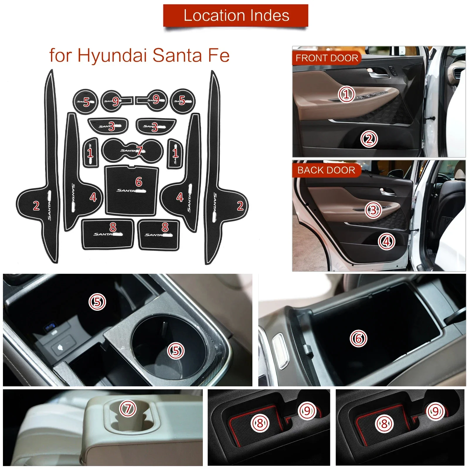 for Hyundai Santa Fe 2021 2022 TM Anti-Slip Gate Slot Cup Mat Door Groove Pad Accessories Non-Slip Mats Coasters 16pcs/set