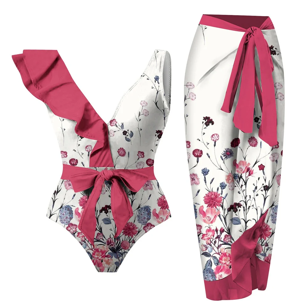 Maillot de bain une pièce à volants, imprimé fleuri, col en v, monokini, vêtements de plage, batterie, pour femmes, 2024