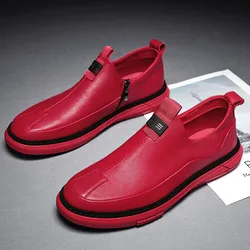 2022 New Man PU Leather Casual Shoes Man Sneakers Comfortable Slip on Flats  Fashion Korean Shallow Loafers Zipper Flat Sneakers