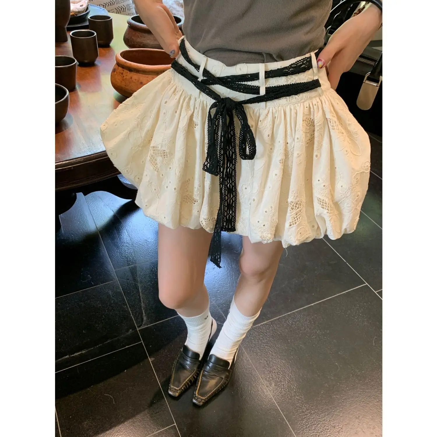 Lace Girl High Waist Hollow Embroidery Bow Strap Bud Fluffy Skirt