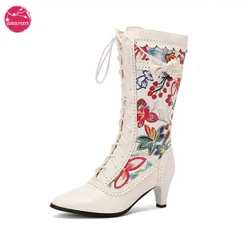 女士復古花卉圖案繫帶中跟維多利亞風長靴,甜美蝴蝶結設計,可愛角色扮演中筒靴,加大碼 34-4 8 最佳銷售 花卉靴 - №7